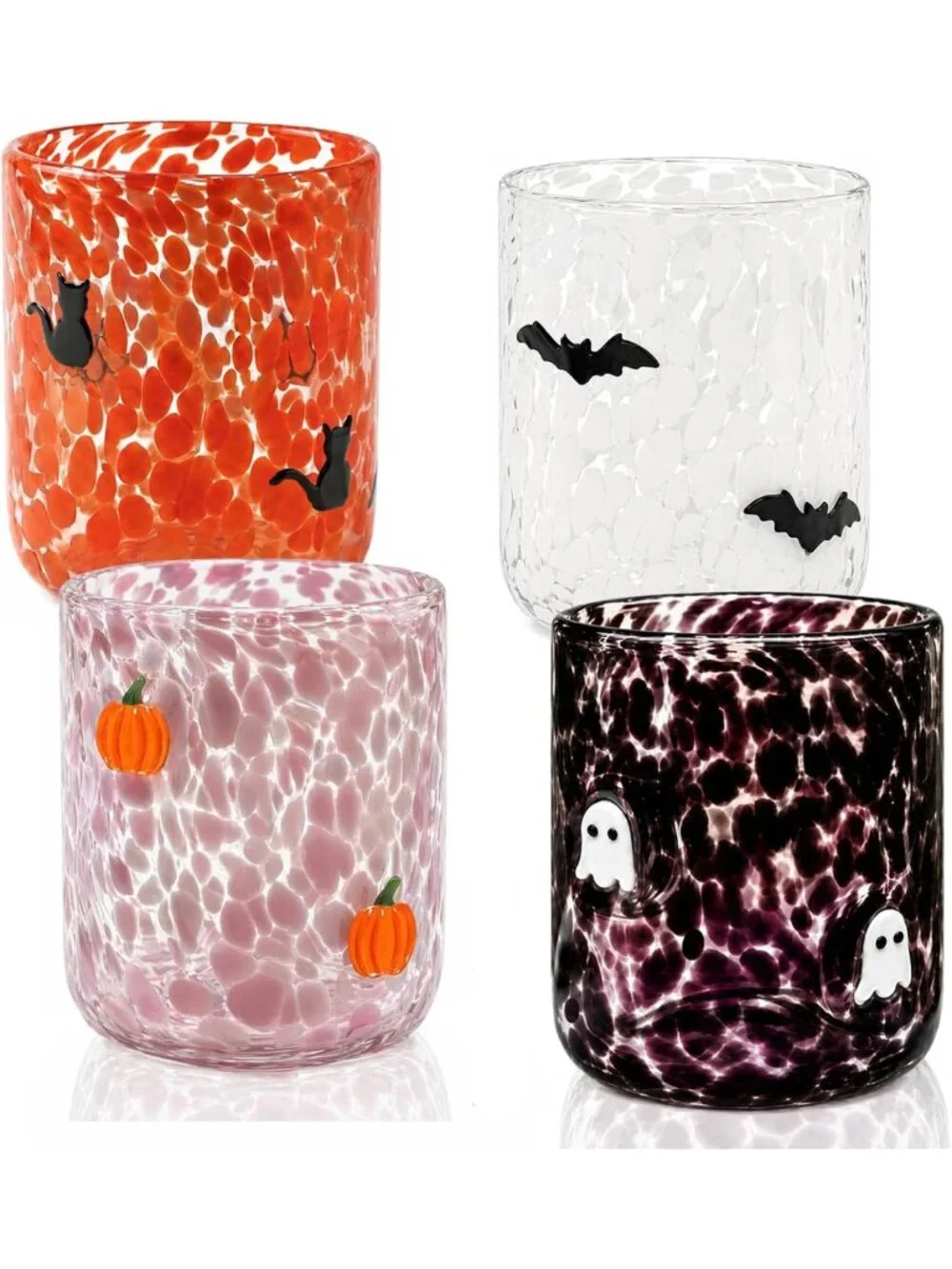 Set of 4 Halloween Glass Cups - 16oz Ghost, Bat, Pumpkin, Black Cat - Cute Party